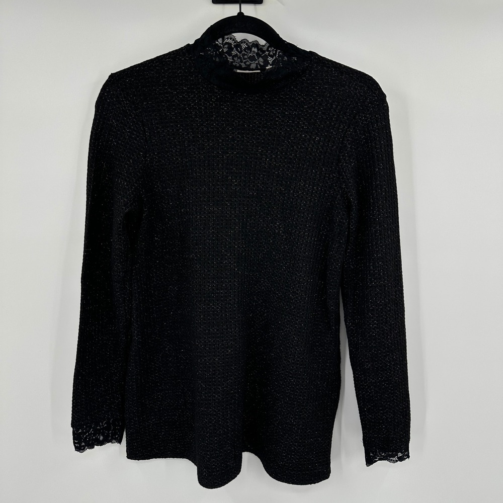 LOGO Lori Goldstein XS Black Silver Metallic Lace Mock Neck Shimmer Top Romantic